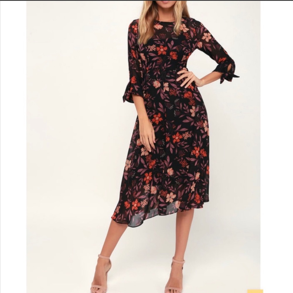 I MADELINE Long Black Floral Print Dress Size L